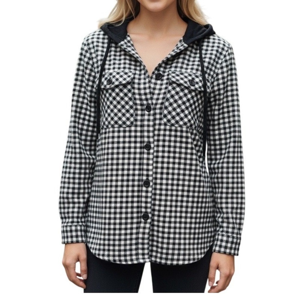 EDDIE BAUER Black White Plaid Hooded Button Down Jacket Women's XS NWOT
